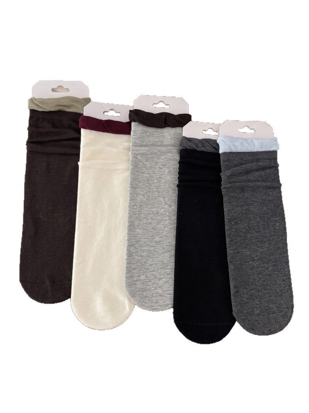 Five crew sock colors with contrasting ruffle cuffs on white