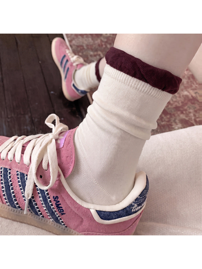 Ivory crew sock with burgundy ruffle cuff
