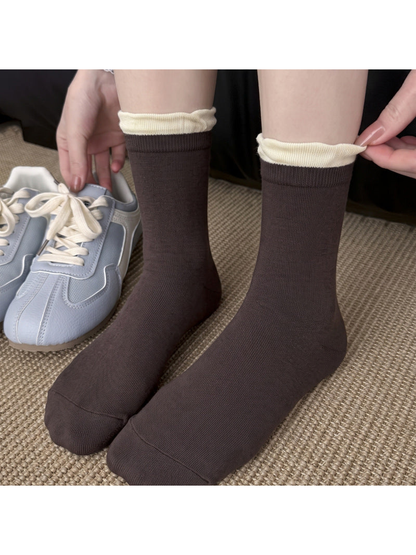 Coffee brown crew socks with ivory ruffle cuffs