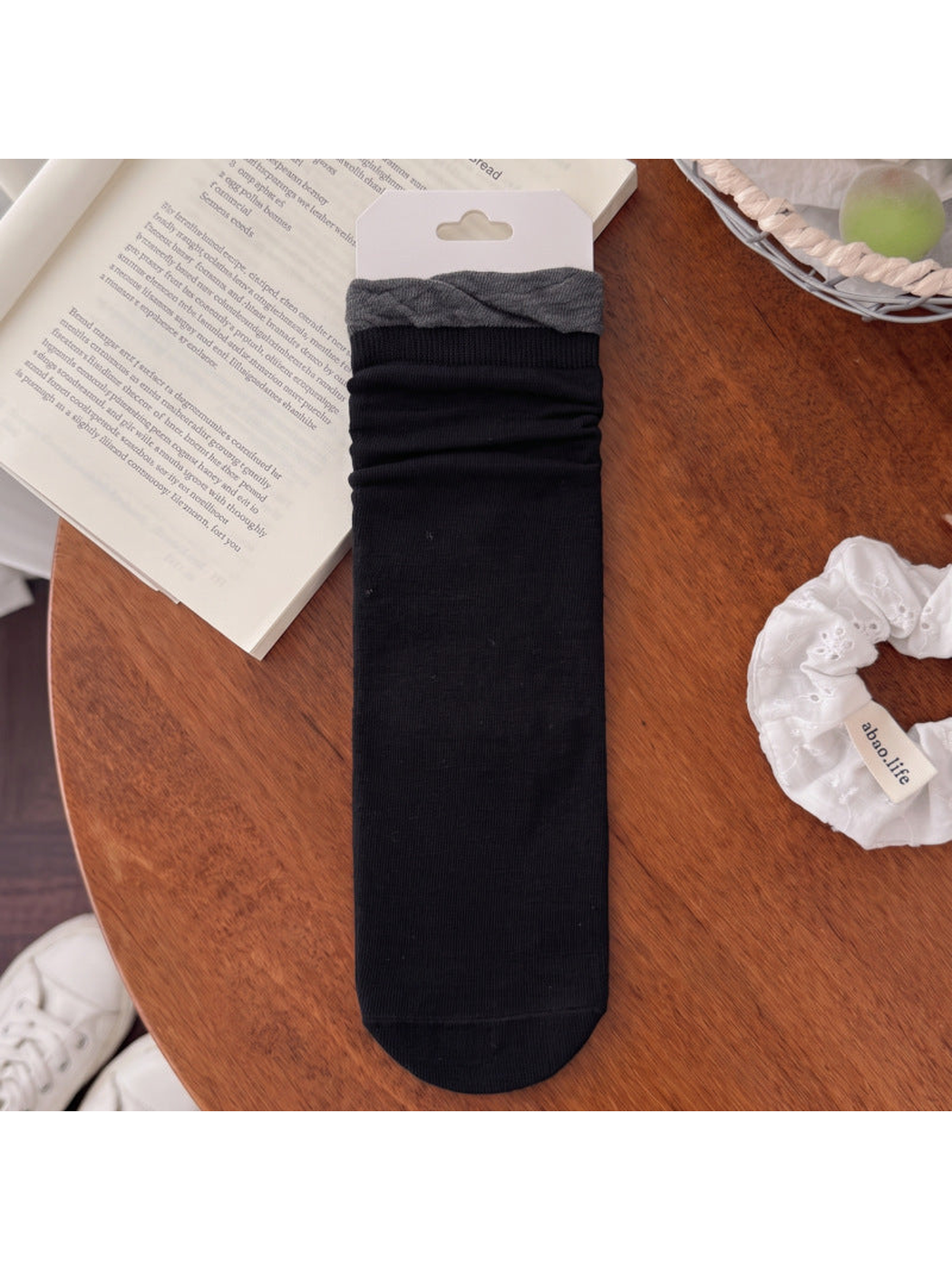 Black crew sock with dark gray ruffle cuff