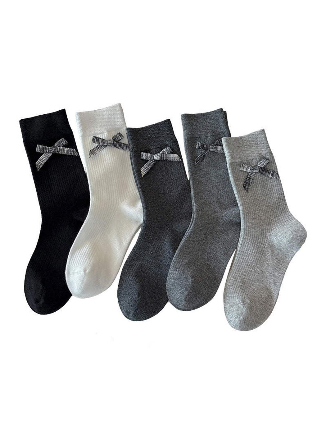 Five colors of ribbed crew socks with plaid bows