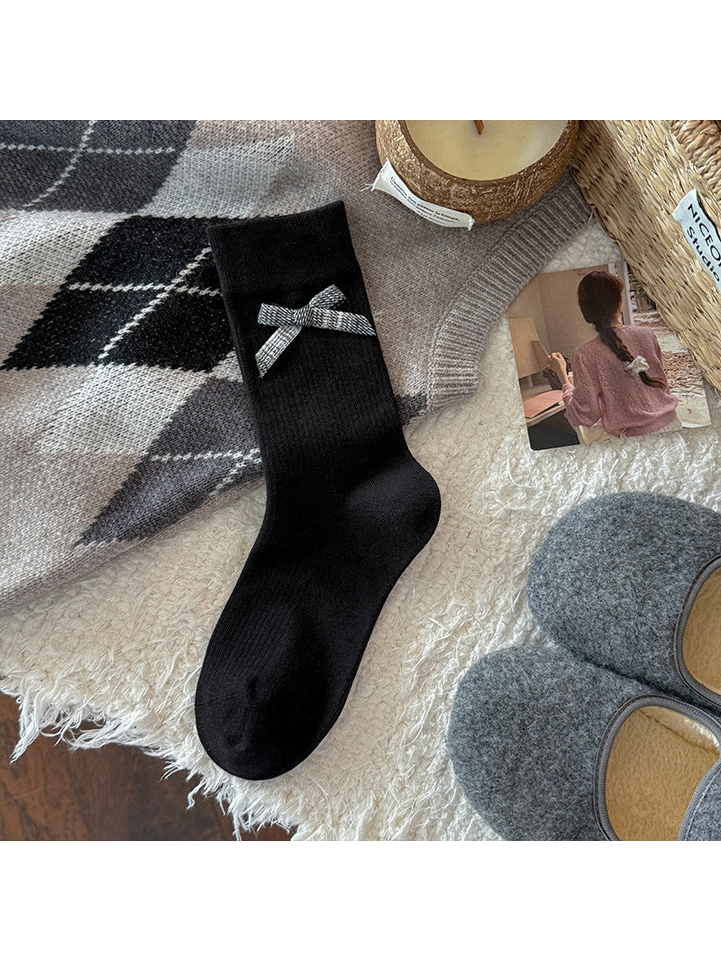 Black ribbed crew sock with plaid bow