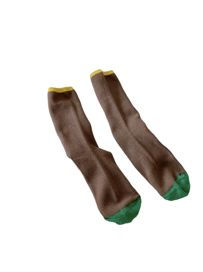 Brown ribbed crew socks with green toes and yellow cuff trim