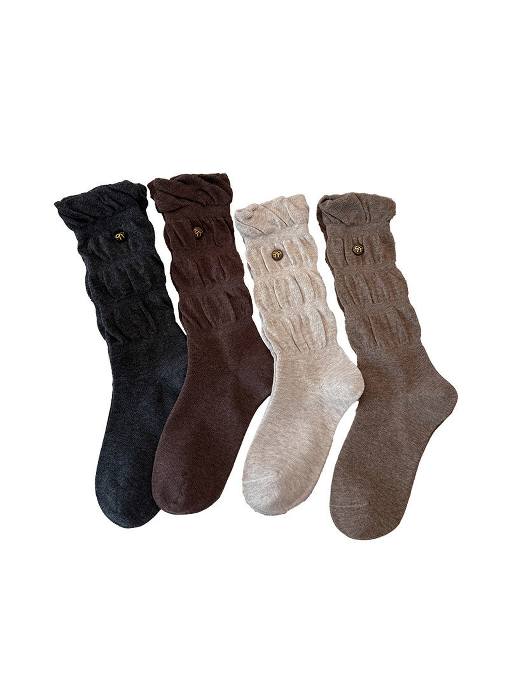 Dark gray, dark coffee, oatmeal and brown gathered crew socks