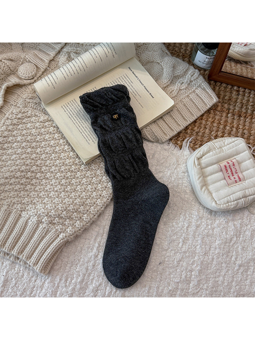 Dark gray gathered crew sock with raised knit panels