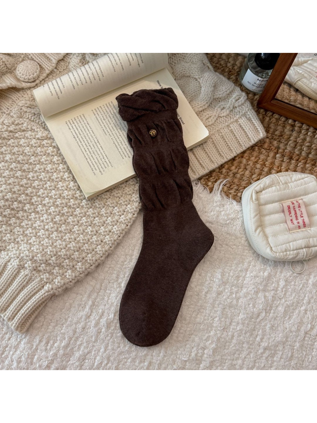 Dark coffee gathered crew sock with raised knit panels