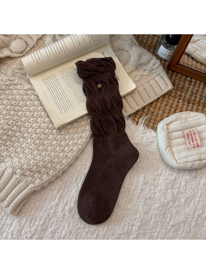Dark coffee gathered crew sock with raised knit panels