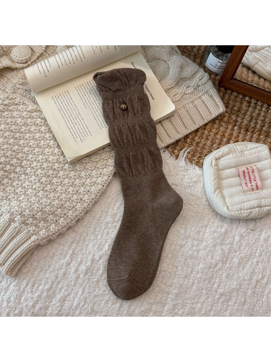 Brown gathered crew sock with raised knit panels