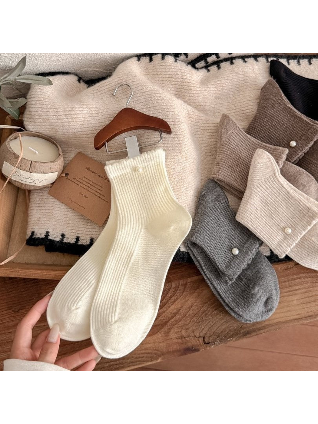 Ivory, gray and neutral ribbed crew socks with pearl-like cuff beads