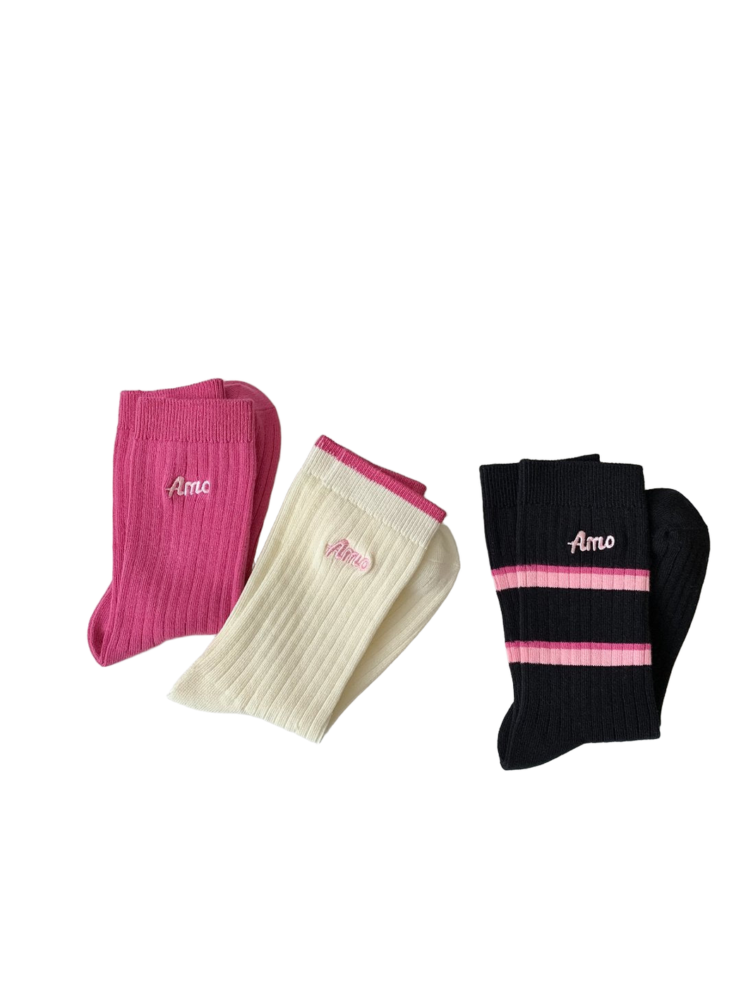 Folded pink, ivory and black ribbed crew socks displayed together