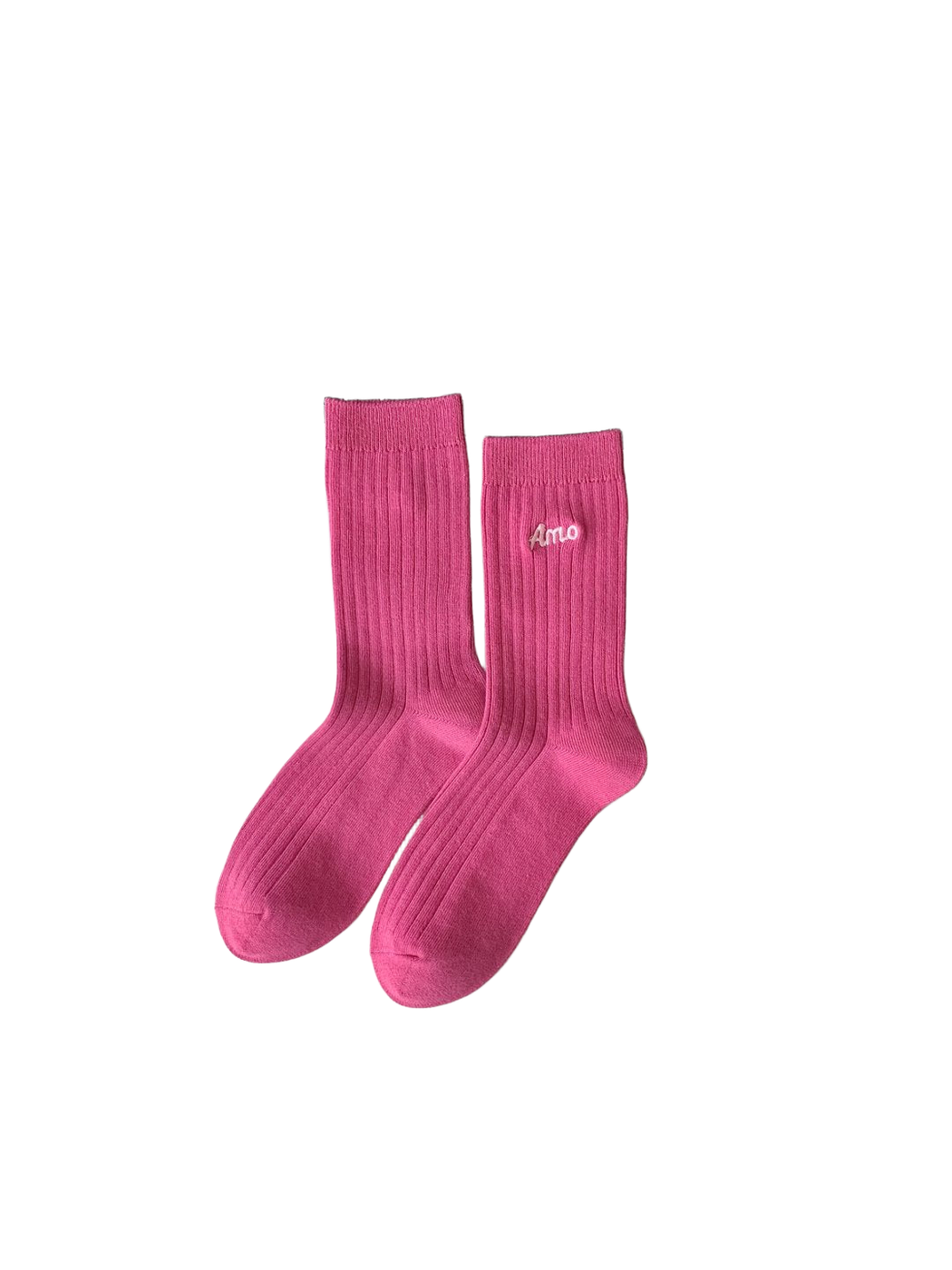 Pink ribbed crew socks with embroidered script, full pair