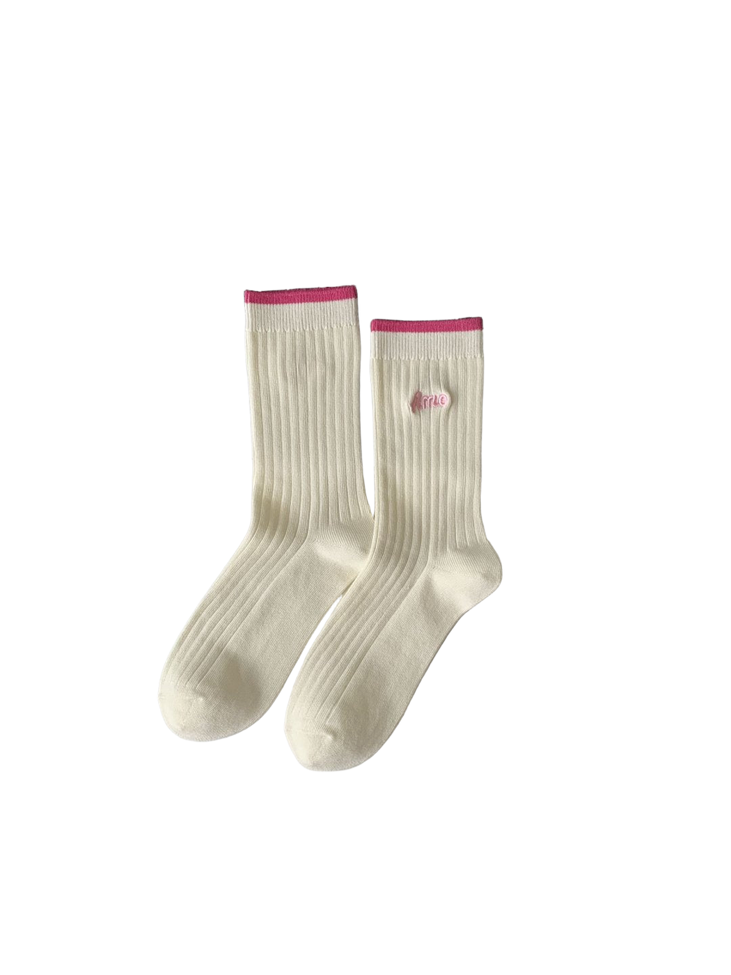 Ivory ribbed crew socks with pink cuffs and embroidered script, full pair