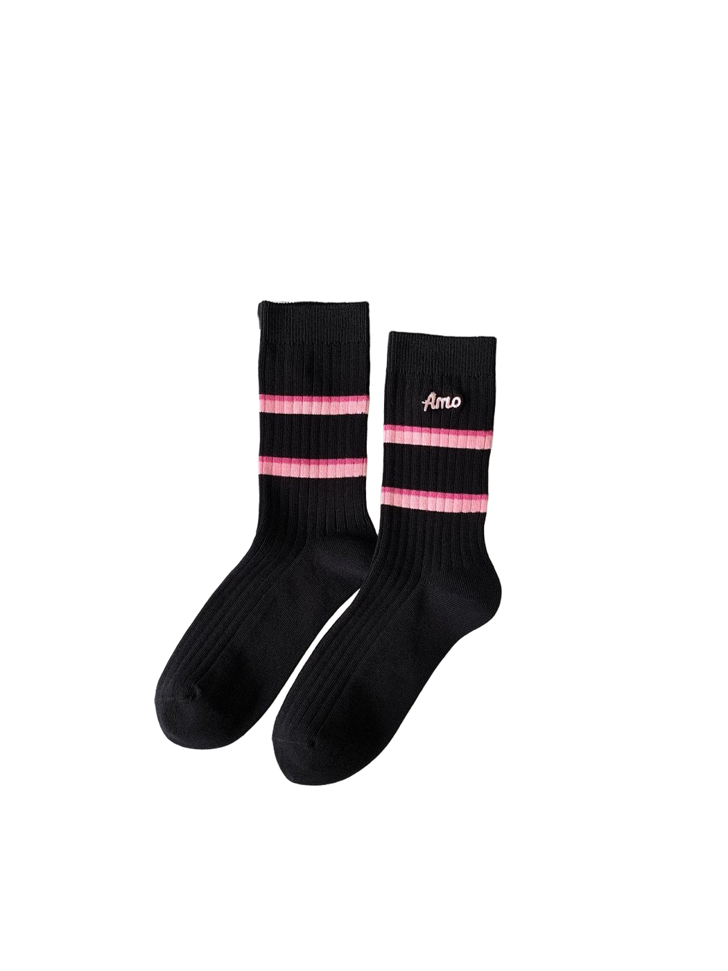 Black ribbed crew socks with two pink stripes and embroidered script, full pair