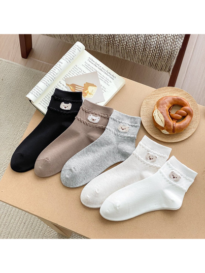 Bear-applique ankle socks in black, brown, gray, ivory and white