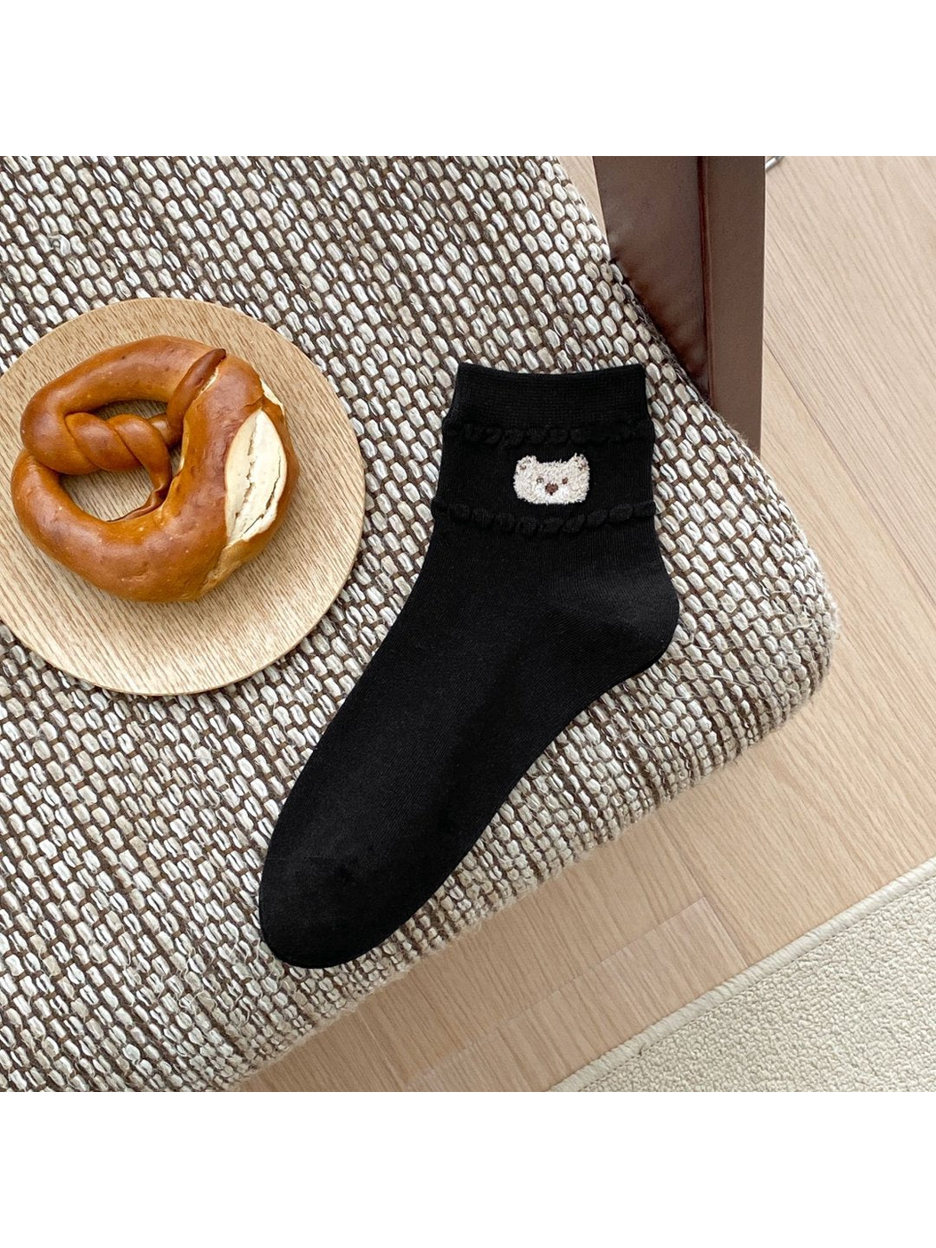 Black ankle sock with bear-face applique and raised trim
