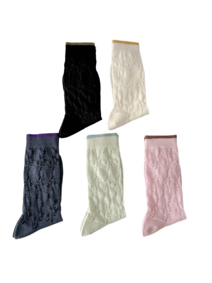 Five floral openwork crew sock colorways with contrasting cuffs and toes