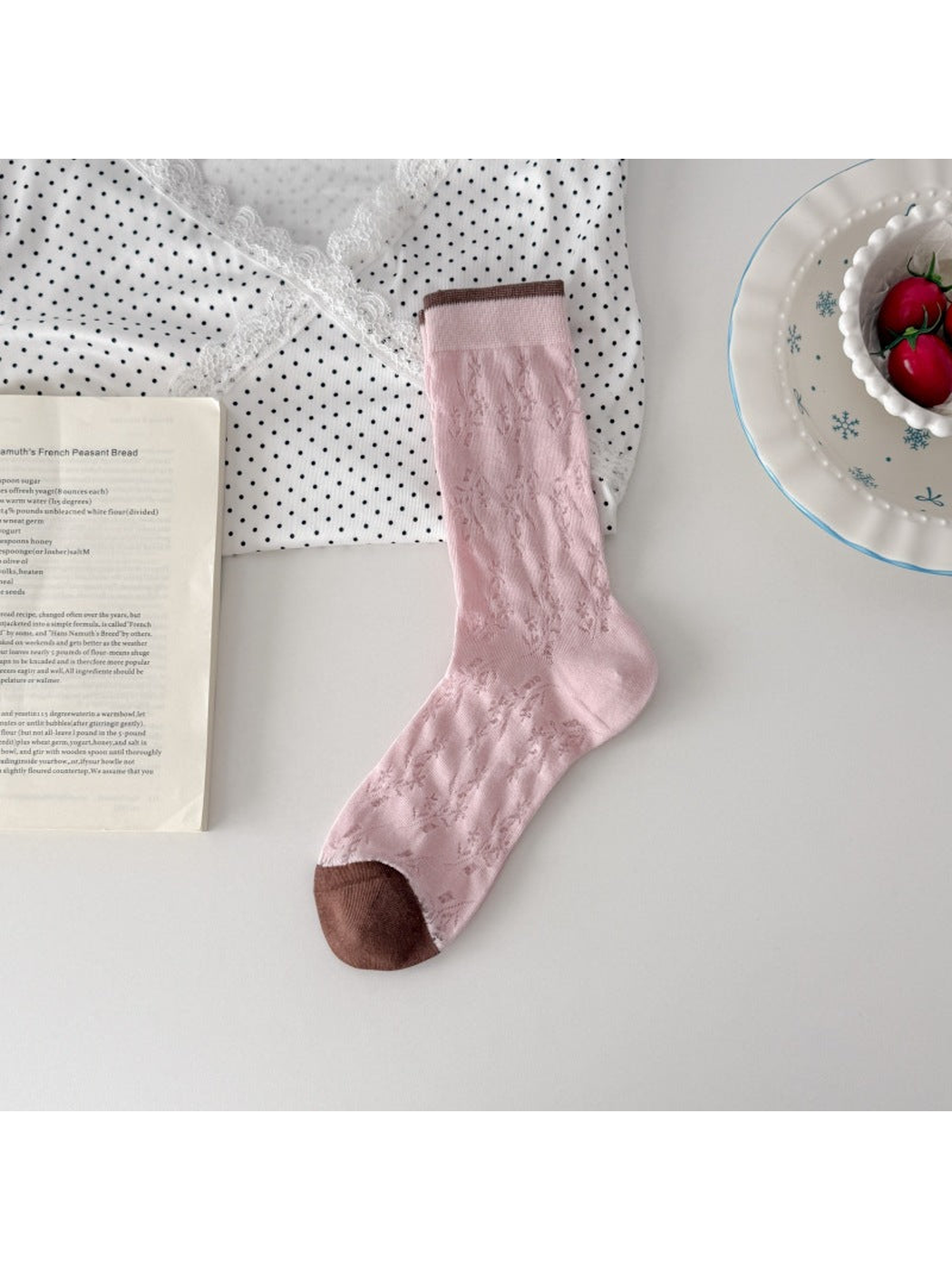Pink floral openwork crew sock with brown toe and cuff trim