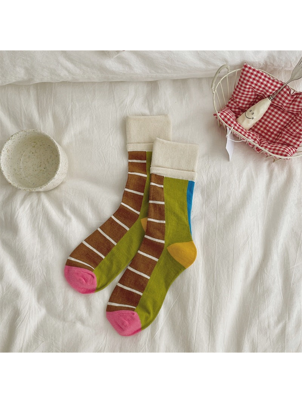 Brown and green color-blocked crew socks with contrasting toes and heels