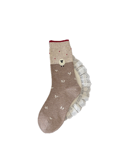 Light coffee crew sock with sheep motif and red cuff trim, full view