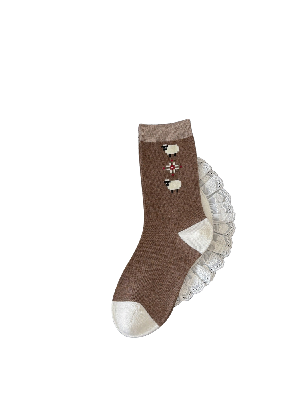 Dark coffee crew sock with two sheep and centered geometric motif, full view