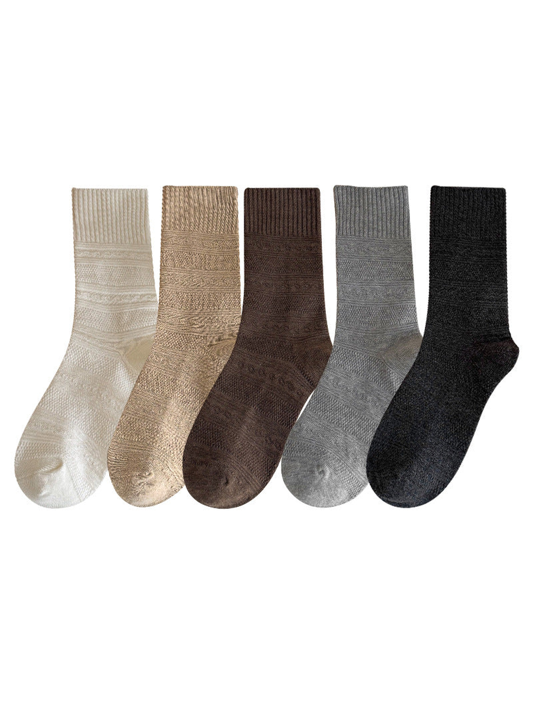 Five neutral-color textured crew socks displayed together