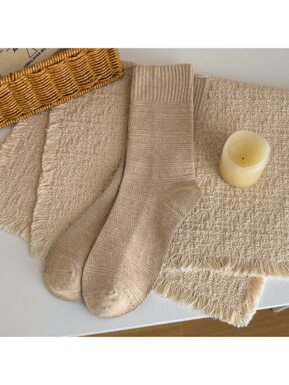 Khaki textured crew socks laid flat