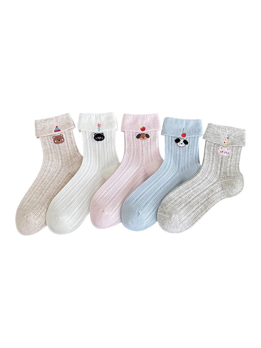 Five colors of pointelle crew socks with folded cuffs and embroidered animal motifs