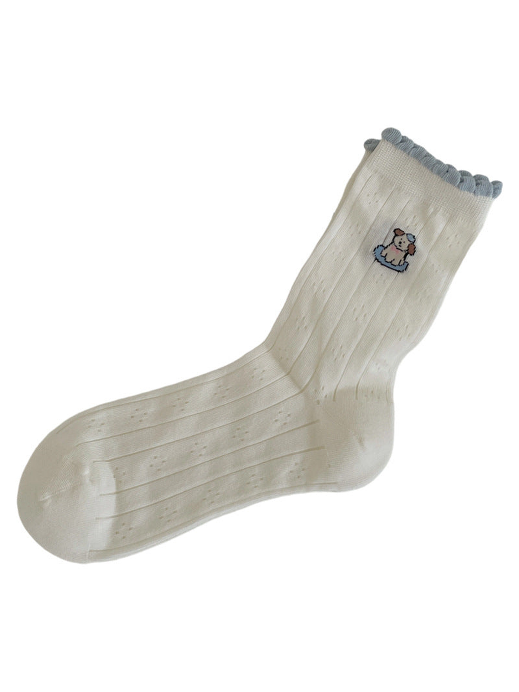 Ivory crew sock with a single dog motif and pale blue scalloped cuff