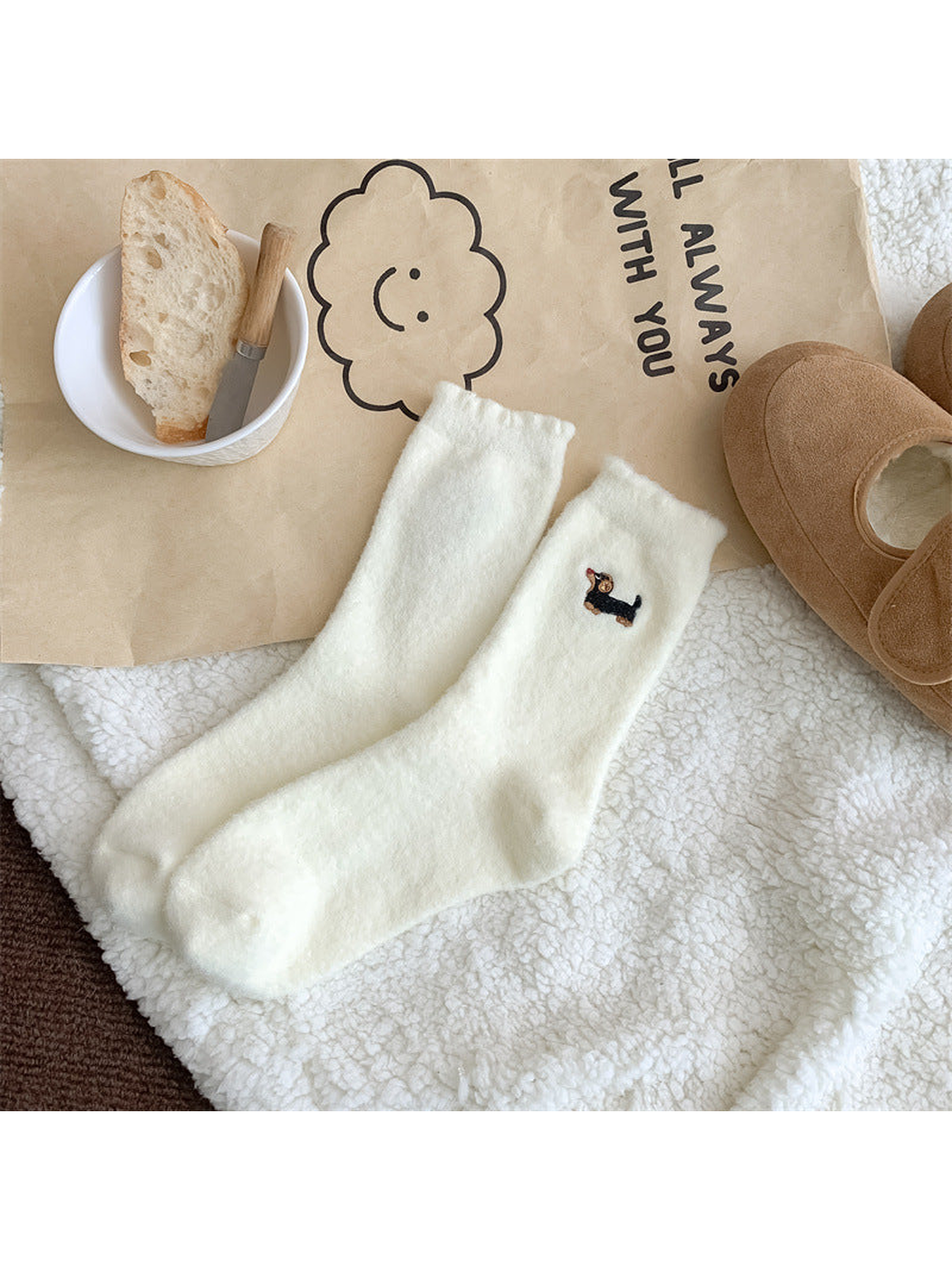Ivory fuzzy crew socks with black dog embroidery