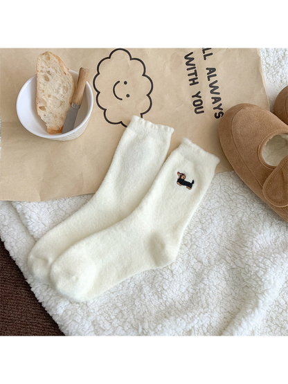 Ivory fuzzy crew socks with black dog embroidery
