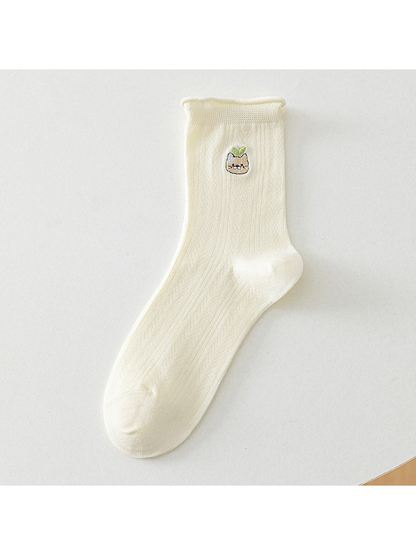 Ivory crew sock with a green-leaf cat motif, full product view