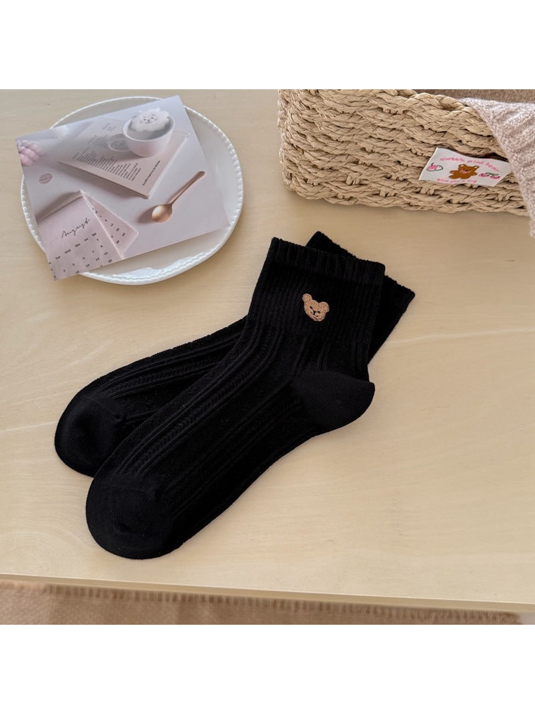 Black bear-motif ankle socks with vertical textured panels
