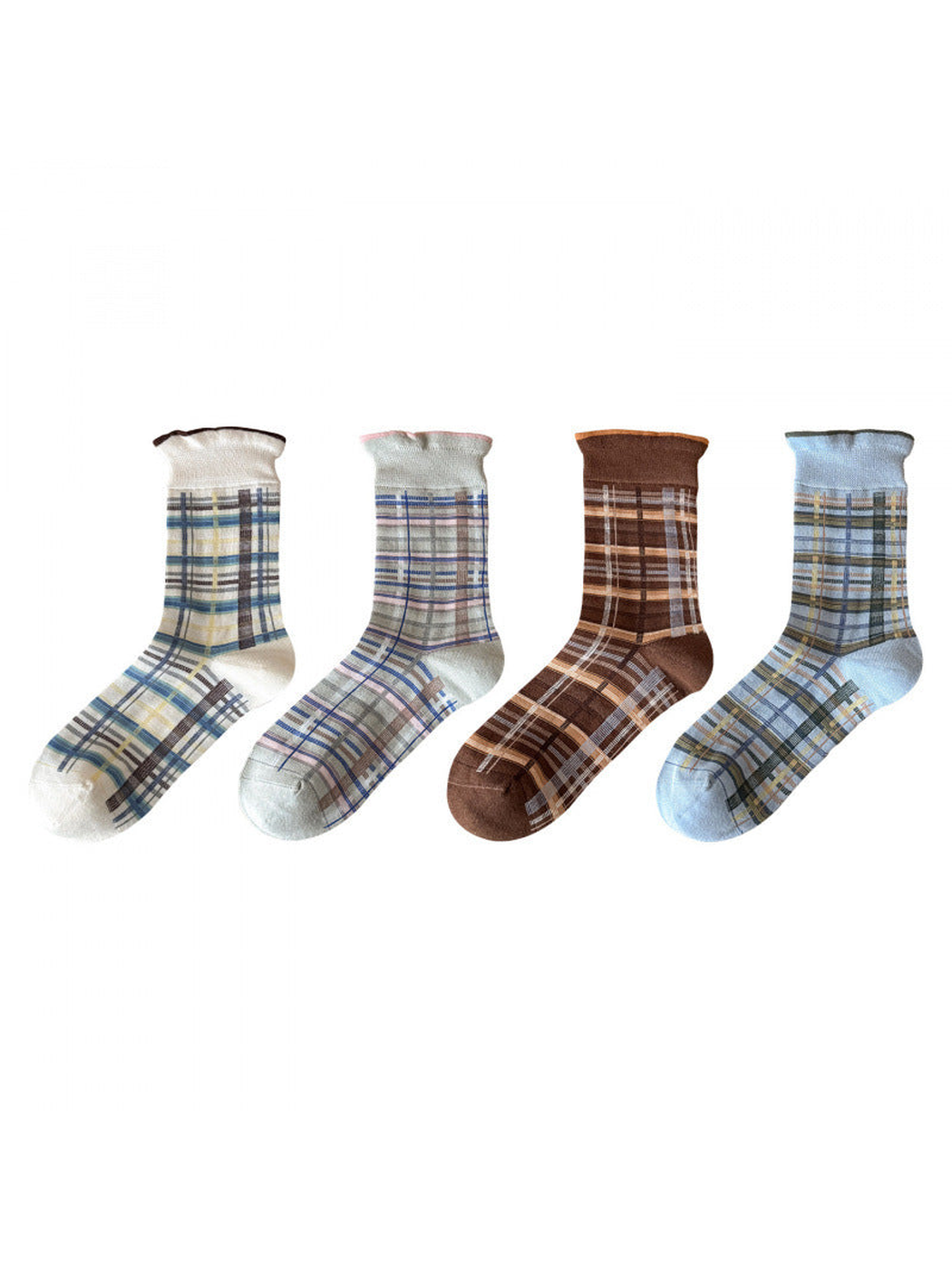 Four plaid crew sock colors displayed together on a white background