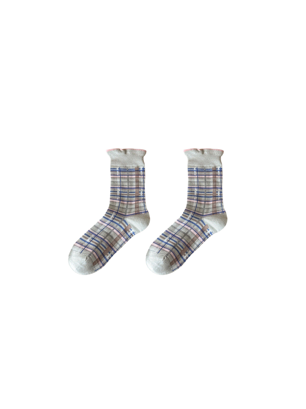 Gray plaid crew socks on a neutral background