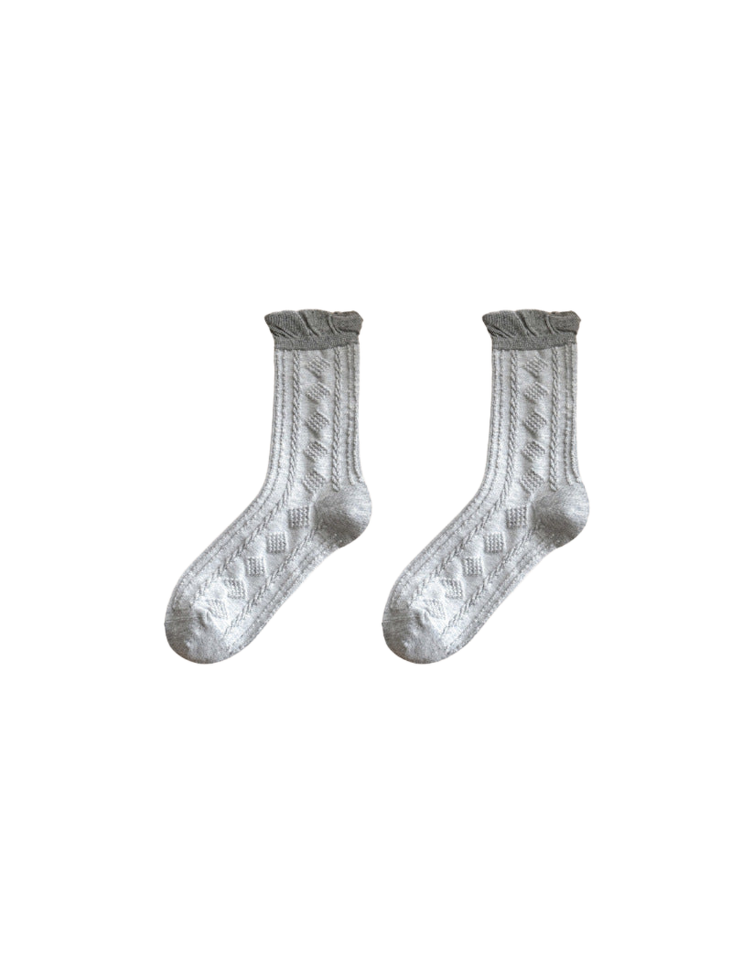 Light gray crew socks with raised diamond pattern and ruffled cuffs