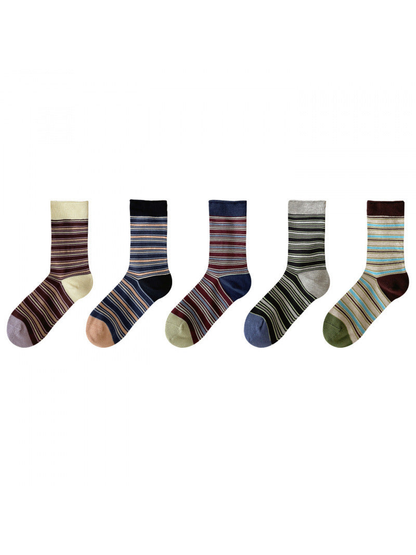 Five striped crew sock designs displayed together