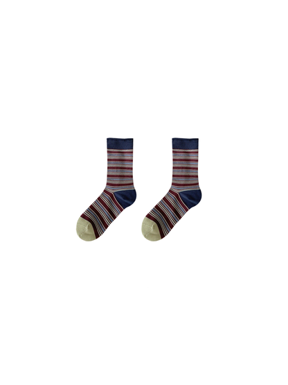 Burgundy striped crew socks with navy cuffs and green toes