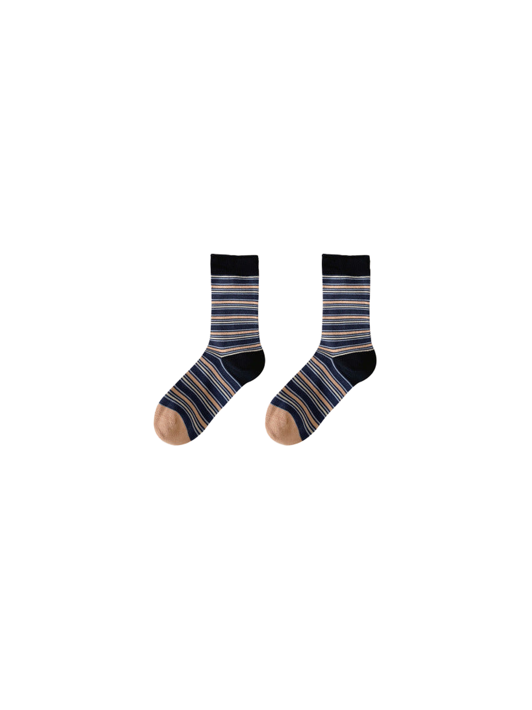 Navy striped crew socks with black cuffs and peach toes