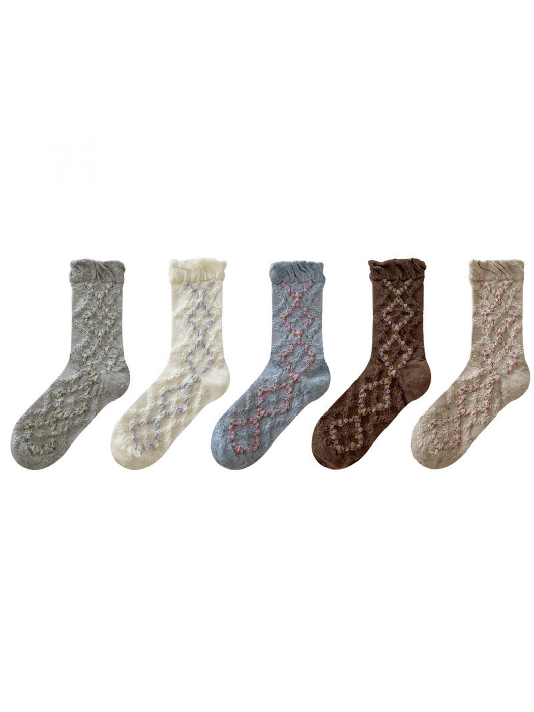 Five colors of floral argyle crew socks displayed together