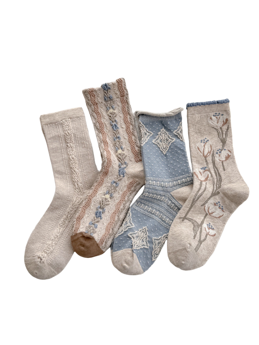 Four patterned crew sock styles arranged together