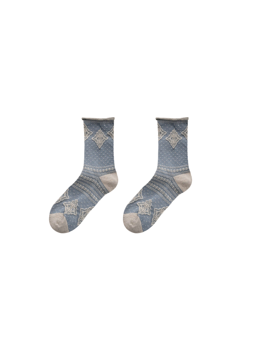 Dusty blue diamond-pattern crew socks, pair view