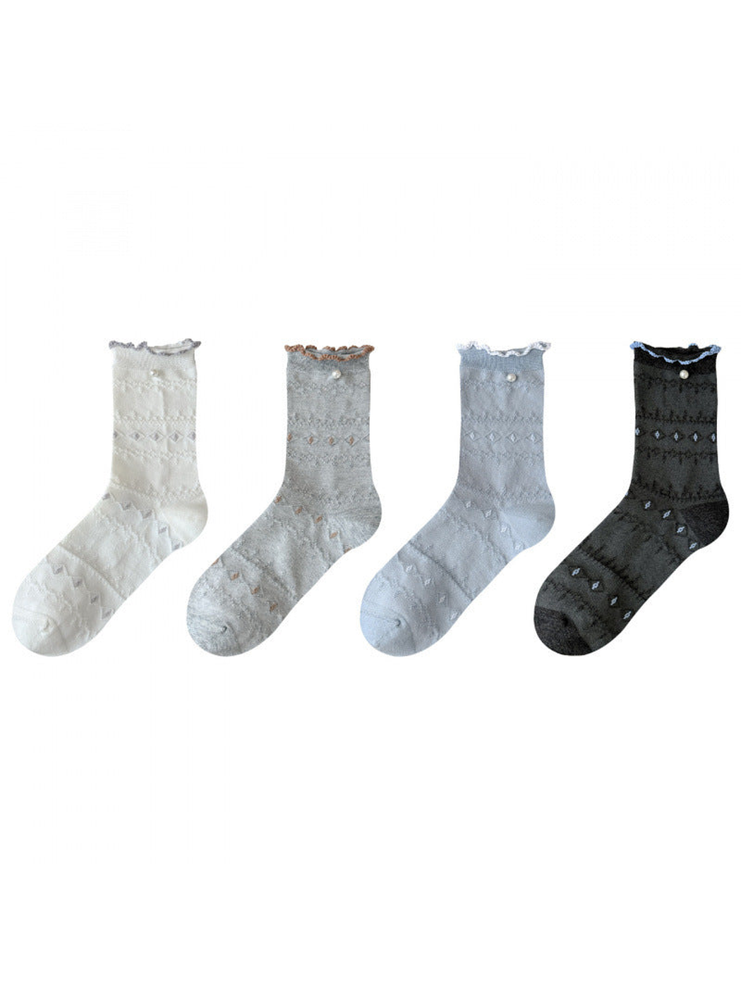 Four color variants of ruffled pointelle crew socks displayed together