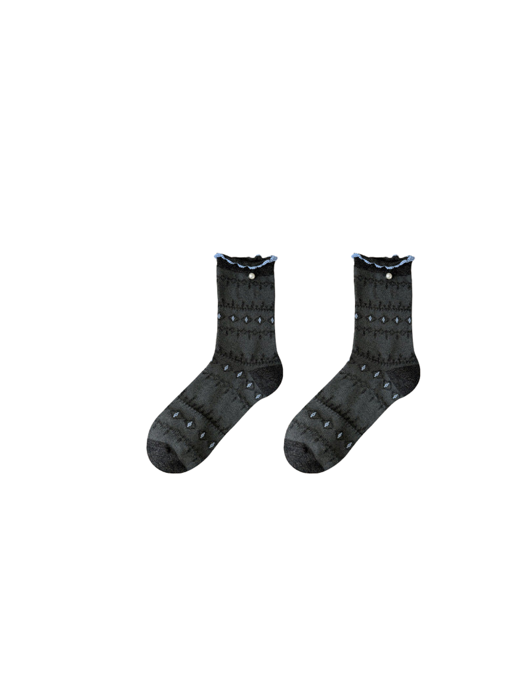 Black and gray ruffled pointelle crew socks with pearl-look accents