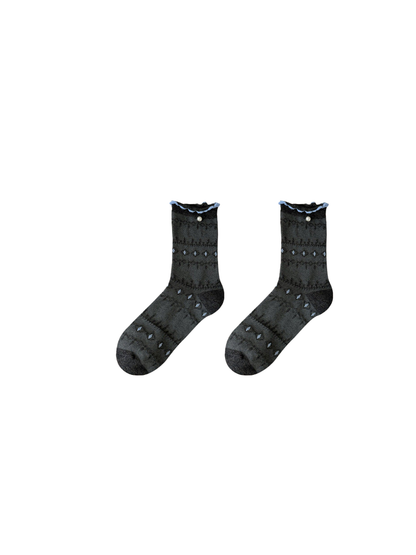 Black and gray ruffled pointelle crew socks with pearl-look accents