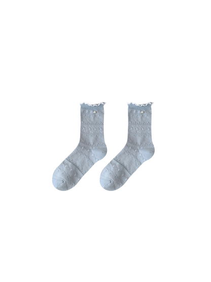 Light blue ruffled pointelle crew socks with pearl-look accents