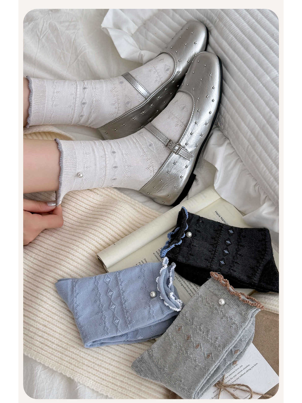 White pointelle socks worn with silver shoes beside folded color variants