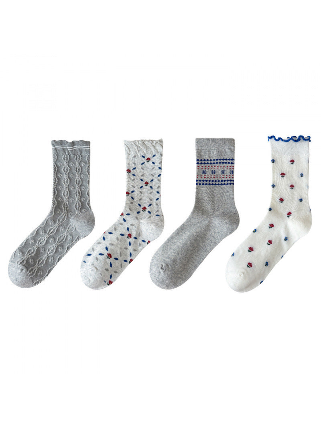 Four gray and ivory patterned crew sock styles displayed together
