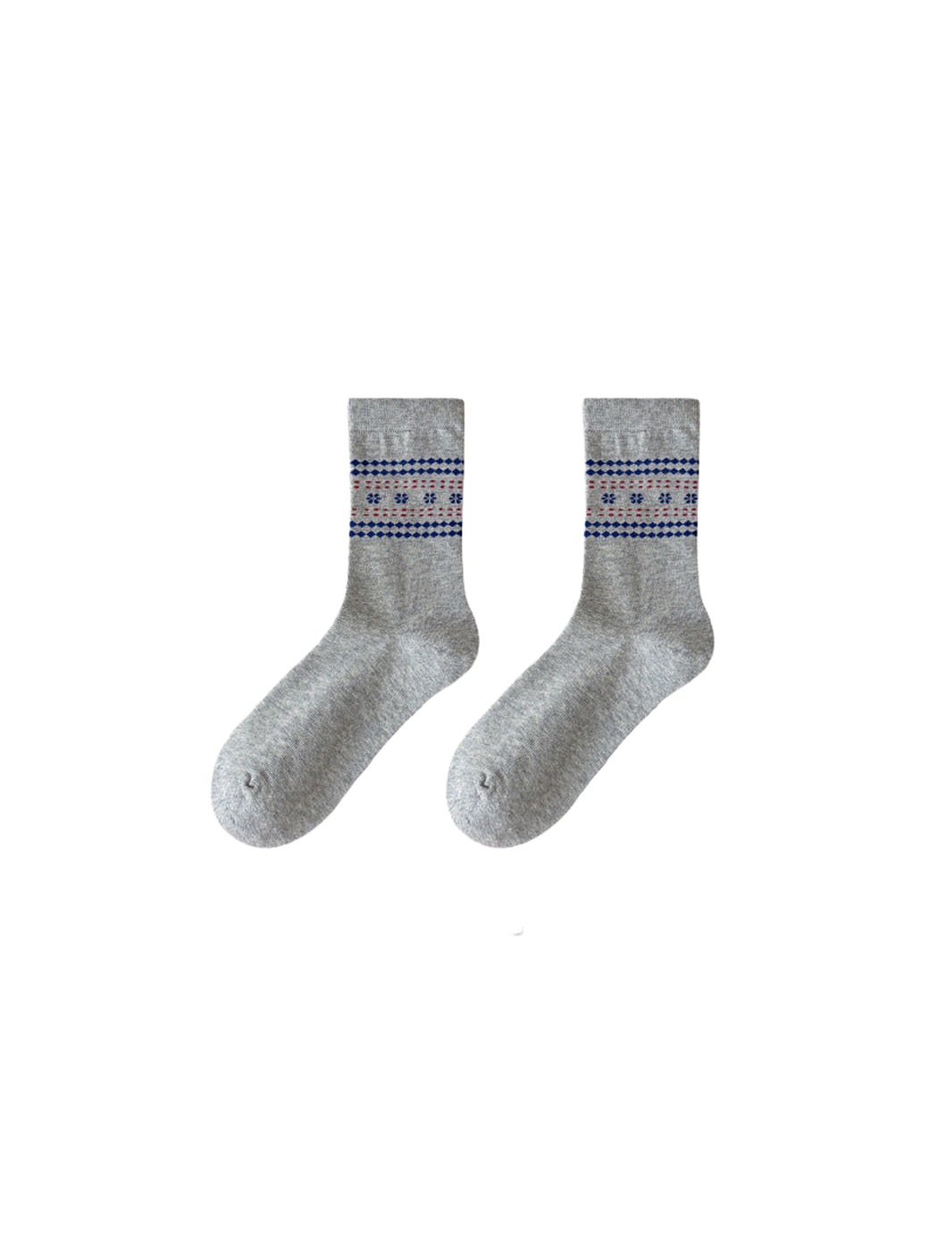 Heather gray crew socks with blue and red geometric bands