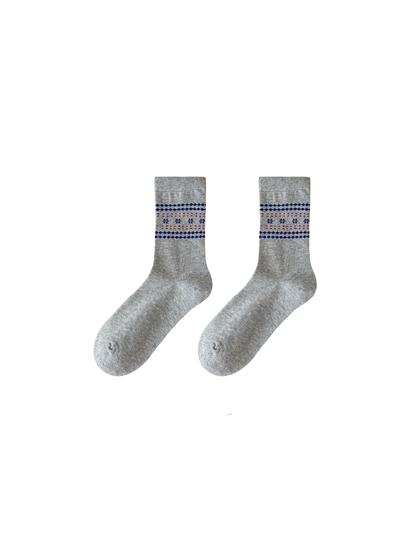 Heather gray crew socks with blue and red geometric bands