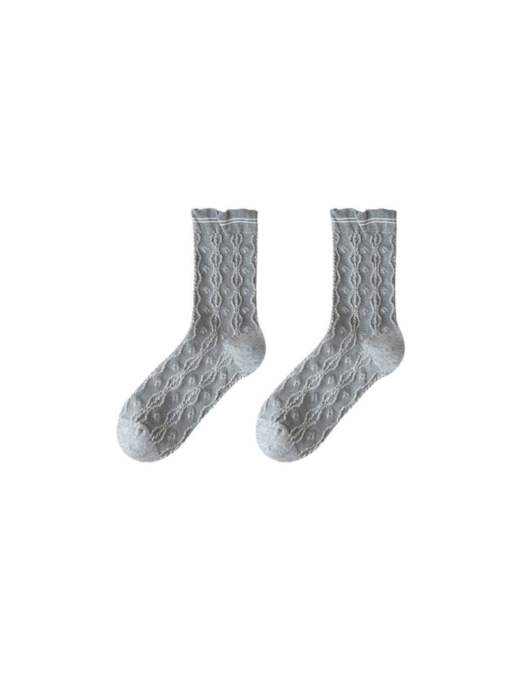 Gray crew socks with raised wavy cable texture